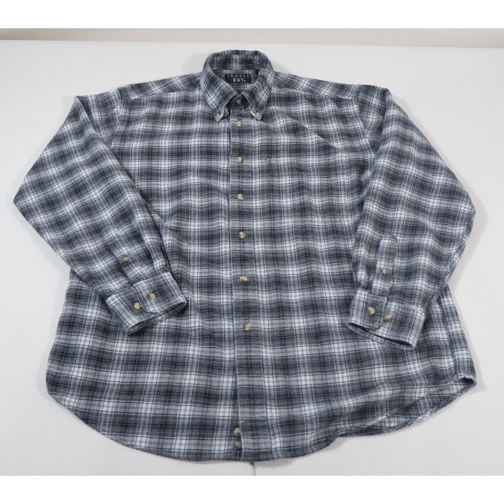 Trader Bay‎ Button Down Mens Medium Grey Plaid Flannel Shirt Vintage 90s Cotton